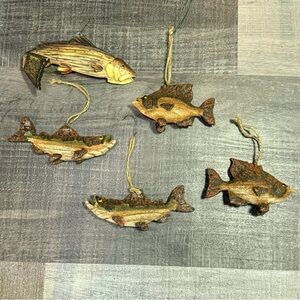 Lot Of 5 Novelty Rustic Resin Fish Christmas Ornaments Glitter Sunfish Trout